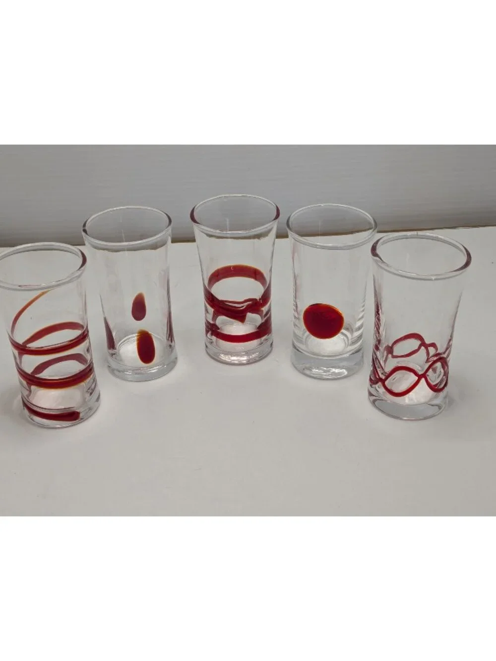 Set Of 5 Pier 1 Retired Hand-Blown Red Swirl Shot Glasses 3 Oz Each Mint Conditi